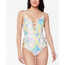 Jessica Simpson Printed Go With The Flow Double-Strap Plunge One-Piece Swimsut, Multi, Small/Medium
