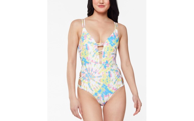  Printed Go With The Flow Double-Strap Plunge One-Piece Swimsut, Multi, Small/Medium