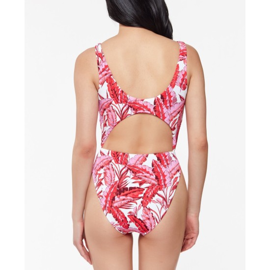 Printed Paradiso Palm O-Ring Cut-Out One-Piece Swimsuit, Fuchsia/Multi, Medium