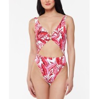 Jessica Simpson Printed Paradiso Palm O-Ring Cut-Out One-Piece Swimsuit, Fuchsia/Multi, Medium