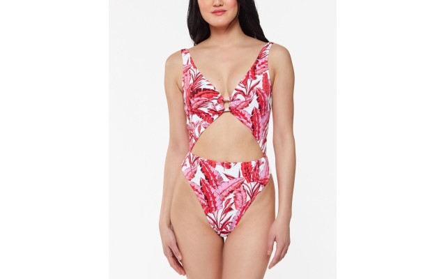  Printed Paradiso Palm O-Ring Cut-Out One-Piece Swimsuit, Fuchsia/Multi, Medium