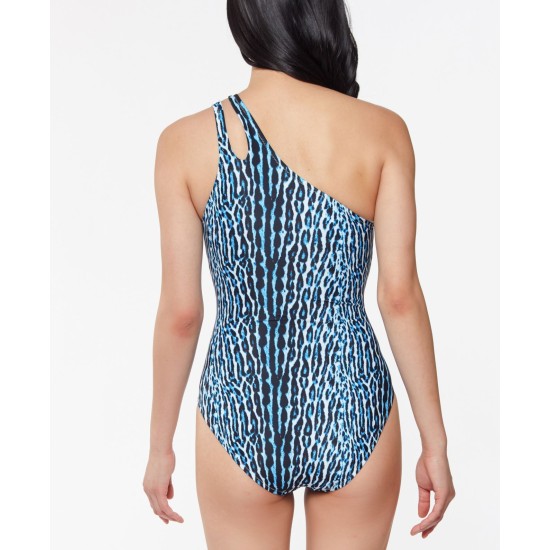  Printed Sassy Safari One-Shoulder One-Piece Swimsuit, Navy Animal,Medium