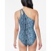  Printed Sassy Safari One-Shoulder One-Piece Swimsuit, Navy, Large