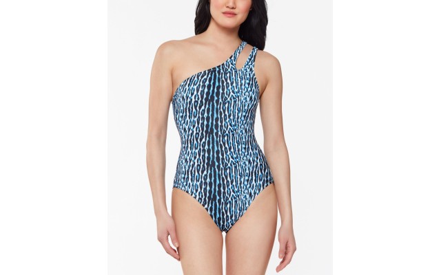  Printed Sassy Safari One-Shoulder One-Piece Swimsuit, Navy, Large