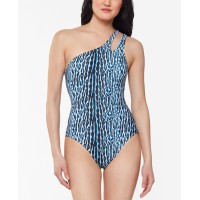 Jessica Simpson Printed Sassy Safari One-Shoulder One-Piece Swimsuit,Blue,Small