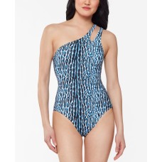 Jessica Simpson Printed Sassy Safari One-Shoulder One-Piece Swimsuit,Blue,Small
