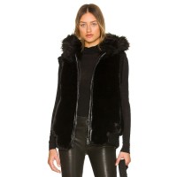 Jocelyn Hooded Faux Fur Bomber Vest, Black