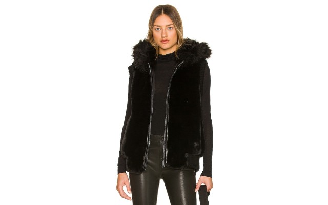  Hooded Faux Fur Bomber Vest, Black