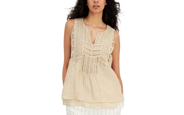  Women's Crochet-Trim Tank Top, Cement, S