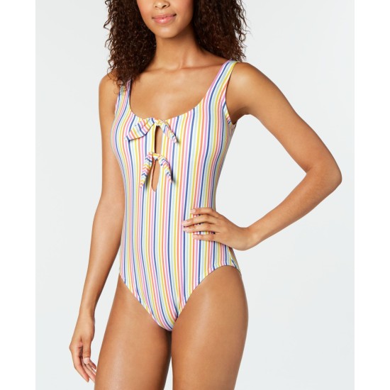  Beach Stripe Printed Tied One-Piece Swimsuit, MULTI/COLOR, X-Large