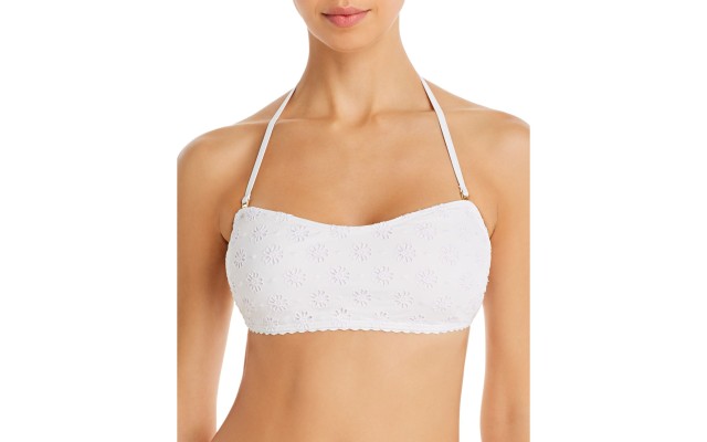  Embroidered Eyelet High-Waist Bikini Top, White, Large