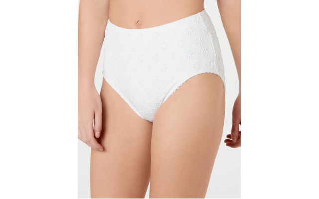  Embroidered Eyelet High-Waist Bikini Bottoms, White, X-Small