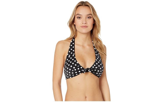  Lia Dot Reversible Tie Halter Bikini Top, Black, Large