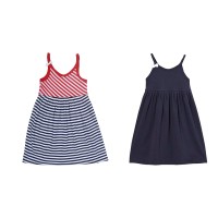 Kleverkids Toddler Baby Girls Striped Peruvian Cotton Dress – Strappy, Long Skirt – 2 Pack, White/Crimson/Midnight, 4