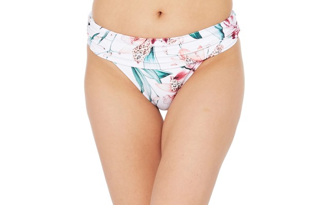  Flyaway Orchid Printed Shirred Band Hipster Bikini Bottoms (White, 12)