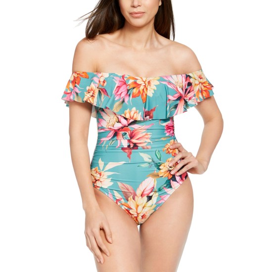  Garden Social Printed Off-The-Shoulder One-Piece Swimsuit, 8, Multicolor
