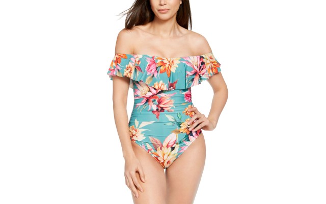  Garden Social Printed Off-The-Shoulder One-Piece Swimsuit, 8, Multicolor