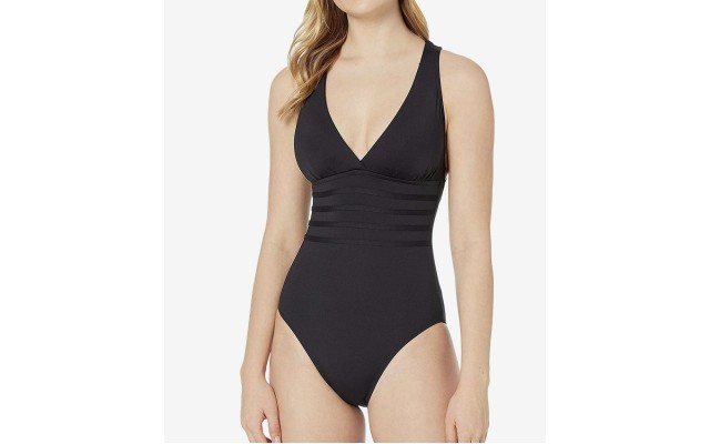  Island Goddess Multistrap Cross Back One Piece Swimsuit, Black, Black, 4