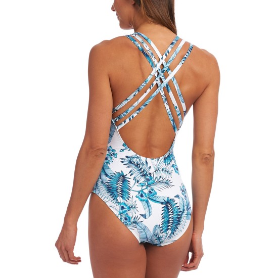  Tranquility Palm Cross-Back Tummy-Control One-Piece Swimsuit, Light Blue, 8