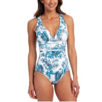 La Blanca Tranquility Palm Cross-Back Tummy-Control One-Piece Swimsuit, Light Blue, 10