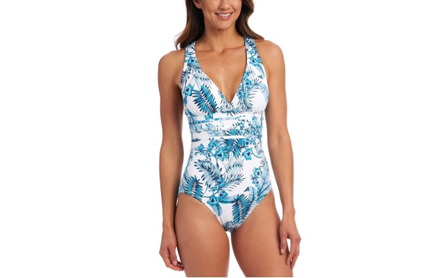  Tranquility Palm Cross-Back Tummy-Control One-Piece Swimsuit, Light Blue, 10