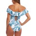  Tranquility Palm Off-The-Shoulder One-Piece Swimsuit, 14, Multicolor