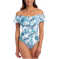 La Blanca Tranquility Palm Off-The-Shoulder One-Piece Swimsuit, 14, Multicolor