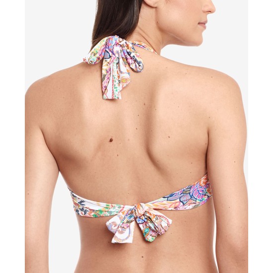  Floral Non-Removable Cups Tie Halter Bikini Top, 12, Multicolor
