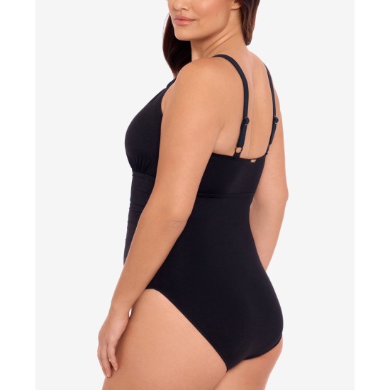 Lauren  Plus Size Stretch High-Neck One-Piece Swimsuit, Black, 18W
