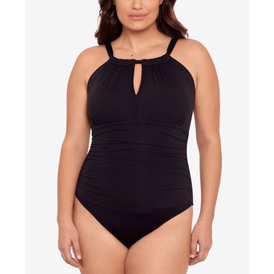 Lauren  Plus Size Stretch High-Neck One-Piece Swimsuit, Black, 18W