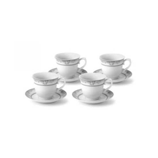 Floral 8 Piece 8oz Tea or Coffee Cup and Saucer Set, Service for 4, Silver