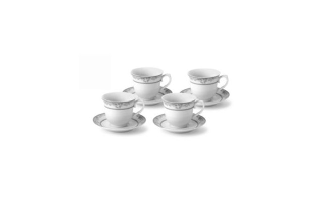  Floral 8 Piece 8oz Tea or Coffee Cup and Saucer Set, Service for 4, Silver