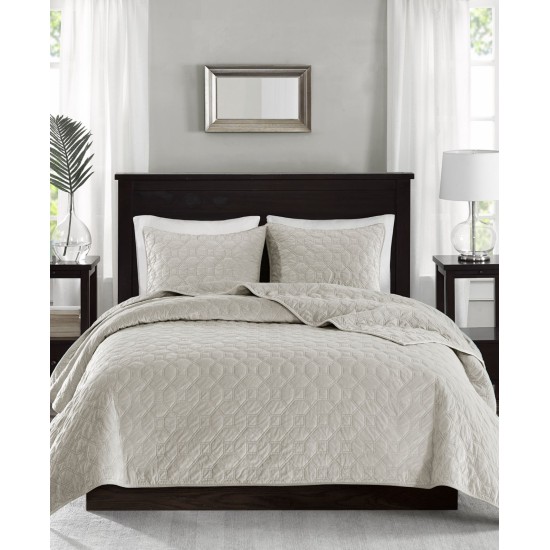  Harper Velvet 3-Piece King/California King Quilted Coverlet Set, Ivory