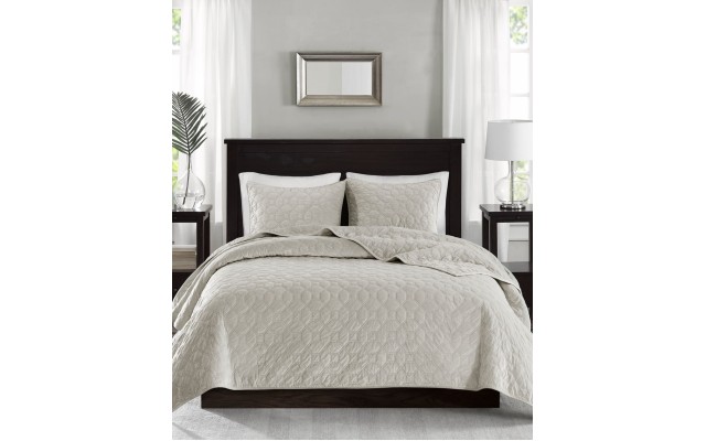  Harper Velvet 3-Piece King/California King Quilted Coverlet Set, Ivory