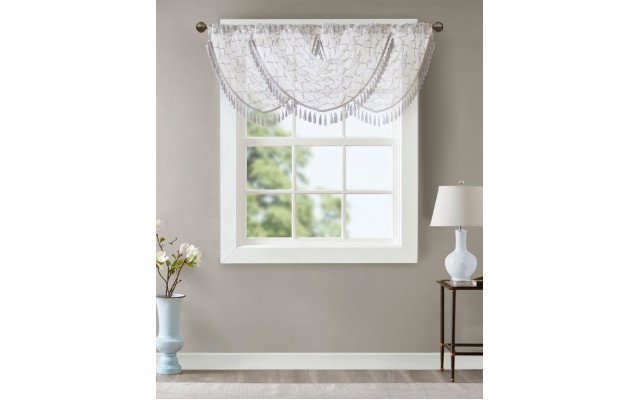  Irina Embroidered Diamond Sheer Waterfall Valance, 38″ x 46″, White/Grey