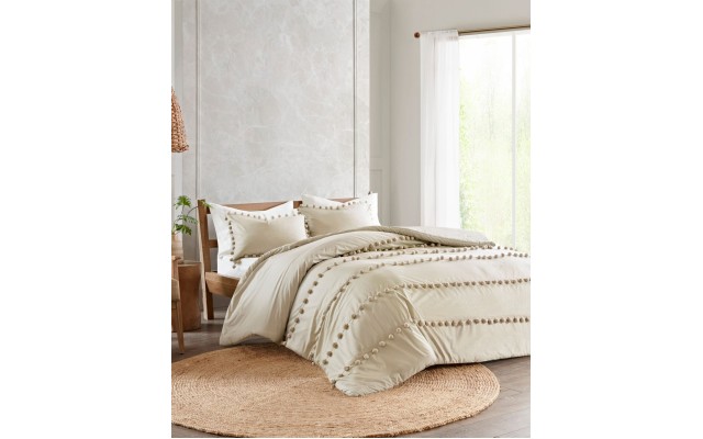  Leona Full/Queen 3-Pc. Pom Pom Cotton Comforter Set,Taupe