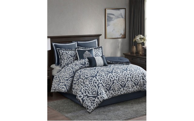  Odette King 8 Piece Jacquard Comforter Set Bedding, Navy
