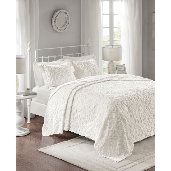  Sabrina 3-Pc. Full/Queen Tufted Cotton Chenille Bedspread Set,Solid White