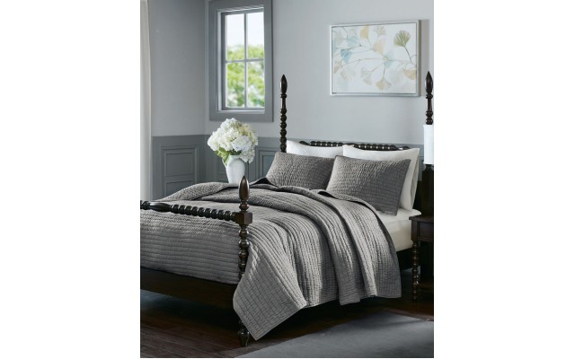  Signature Serene King 3 Piece Cotton Quilt Coverlet Set, Gray