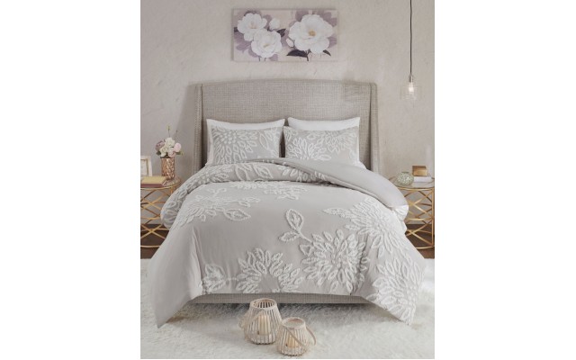  Veronica Full/Queen 3-Pc. Tufted Cotton Chenille Floral Duvet Cover Set, Gray