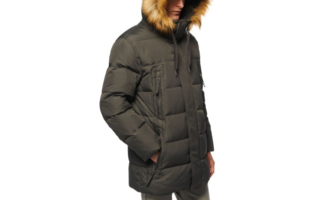  Men’s Long Snorkel Down Coat with Faux-Fur Trim