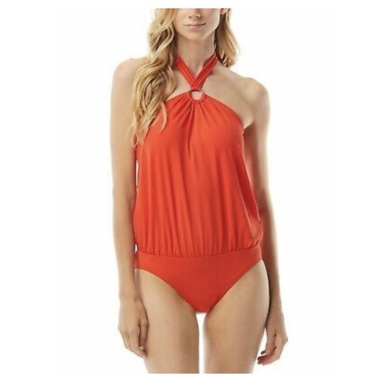  Halter Blouson One-Piece Swimsuit, 14, Dark Red