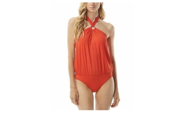  Halter Blouson One-Piece Swimsuit, 4, Dark Red