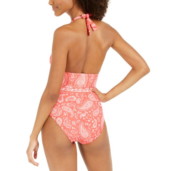  Printed Halter One-Piece Swimsuit, Light Red, 4