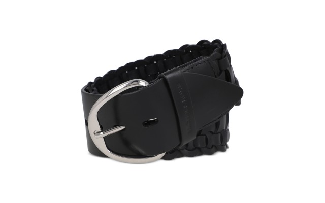  Wide Woven Leather Belt, Black, S
