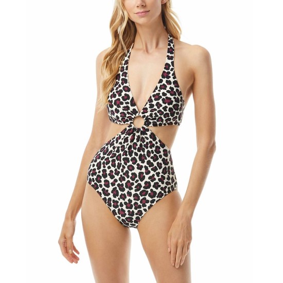  Animal-Print Cut-Out Halter One-Piece Swimsuit, Ruby, 6