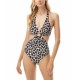  Animal-Print Cut-Out Halter One-Piece Swimsuit, Ruby, 6