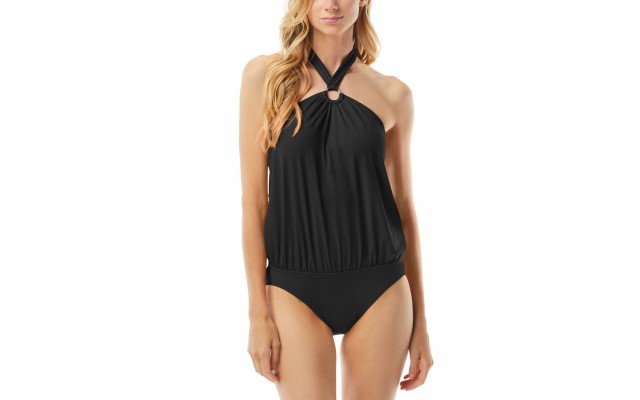  Halter Blouson One-Piece Swimsuit Women’s Swimsuit, Black, 12
