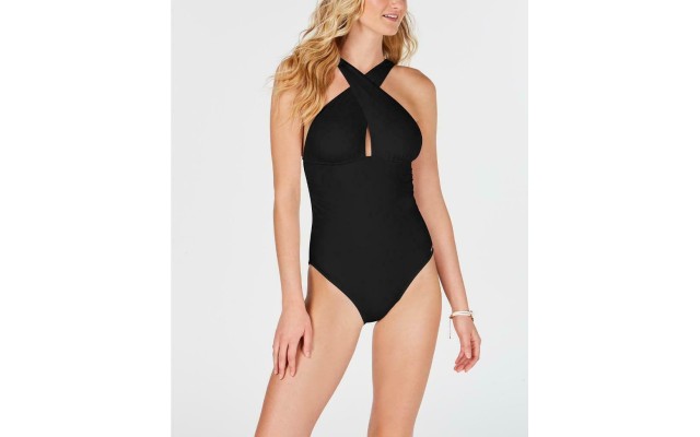  Solid Convertible Ruched One-Piece Swimsuit Women's Swimsuit, Black, 12