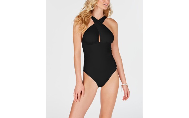  Solid Convertible Ruched One-Piece Swimsuit, Black,10
